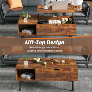 Modern <b>Vintage</b> Rustic Wooden Lift-Top Coffee <b>Table</b> with Hidden Storage and Open <b>Side</b> Shelf for Living Room Apartment - Product Image 4
