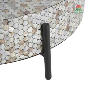 Mother of Pearl Shell Geometric Handmade Round Mosaic Inlay <b>Coffee</b> <b>Table</b> with Black Metal <b>Legs</b> - Product Image 5