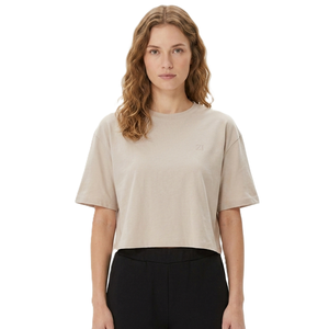 Casual Boxy Fit Short Sleeve Women's Shirts Beige Cropped Drop Shoulder Tee Round Neck Custom Tan Summer Blouse Plain <b>Tops</b> OEM - Product Image 1
