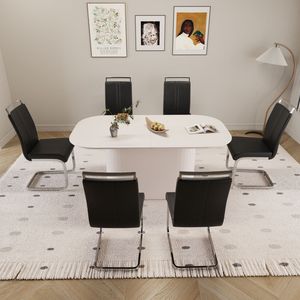 Set Tavolo da Pranzo in Stile Moderno Medievale in MDF Crema con Sedie Senza Braccioli in PU, Gambe in Metallo Placcato Argento da 63 Pollici, Piano d'Appoggio Assemblabile - Product Image 1