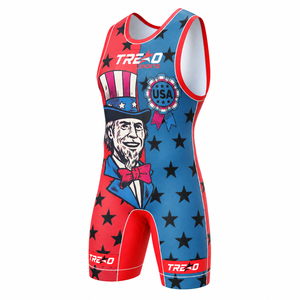 Combinaison de lutte patriotique personnalisée Uncle Sam pour hommes, rouge, bleu, étoiles, sublimation, combinaison de lutte d'équipe, logo personnalisé, OEM - Product Image 5