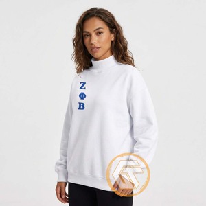 Sudadera Blanca de Cuello Alto para Mujer con Estampado Frontal de Letra Griega ZΦB, Hombros Caídos, Mezcla de Algodón, Sin Forro - Product Image 2