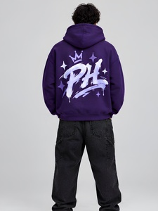Sweat-shirt à capuche zippé pour homme, imprimé logo personnalisé, style streetwear, molleton de coton épais, violet, coupe oversize, style hip-hop - Product Image 4