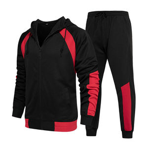 Mens Black Red Color Block Tracksuit Set Full <b>Zip</b> <b>Hooded</b> Sweatshirt Jogger Pants Athletic Sportswear Casual - Product Image 1