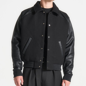 Men's Black Varsity <b>Jacket</b> Cotton Body Genuine Sheepskin Sleeves Turn-down Collar Casual Winter Wear Shearing Front - Product Image 1