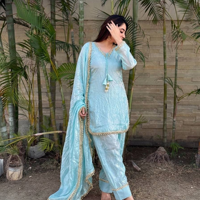Salwar Kameez traditionnel en coton pour femmes, coupe ample, longueur cheville, bleu clair, tenue décontractée, style Inde Pakistan