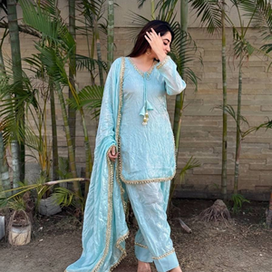 Salwar Kameez traditionnel en coton pour femmes, coupe ample, longueur cheville, bleu clair, tenue décontractée, style Inde Pakistan - Product Image 4
