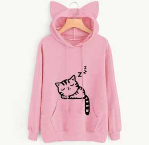 Sweat à capuche oreilles de chat avec imprimé chat endormi pour femme, vêtement décontracté d'automne en coton tricoté, coupe oversize avec poche avant - Product Image 1