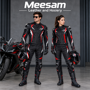Combinaison de moto en cuir pour homme, manches longues, coupe-vent, toutes saisons, noire avec accents blancs et rouges - Product Image 1