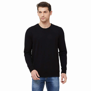 Pull en tricot à col rond à manches longues pour homme, noir, coupe classique, vêtements décontractés, 100% coton, couleur unie, design col rond - Product Image 1