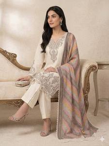 Ensemble 3 pièces tendance et élégant blanc droit Kurta Pantalon Salwar Kameez en coton lawn, style indien/pakistanais, pour fêtes et occasions festives, livraison rapide - Product Image 2