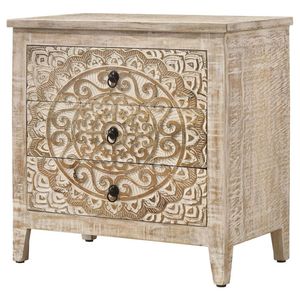 Luxury Handcrafted Solid Wood 3 Drawer Nightstand Ornate Mandala Jaali Carving Antique White Wash - Product Image 2