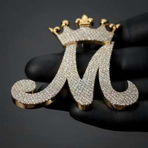 Pendentif Hip Hop personnalisé lettre M avec couronne en moissanite, lettre initiale glacée, en argent sterling 925, bijoux fins, pendentifs et breloques - Product Image 4