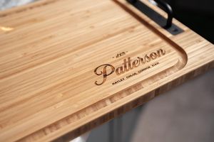 Patterson Rectangle Wood Chopping Block With Handle Personalized Engraved Family <b>Name</b> Kitchen Serving Board UO india UO - Product Image 1
