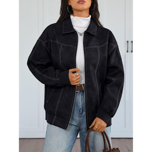 Womens PU Leather Bomber Jacket Oversized Full Sleeve Plus Size Zip Up Motorcycle Style Fall Winter Outerwear - Product Image 4