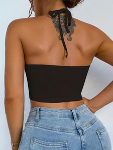 Seamless Ribbed Keyhole Halter <b>Crop</b> <b>Top</b> Front Cutout Back Tie Fitness Sports Bra High Elasticity Workout Activewear - Product Image 5