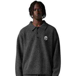 Men Knit Long Sleeve Polo Sweater Charcoal Soft Textured Button Collar Pullover Casual Winter Top Cotton <b>Blend</b> OEM - Product Image 3