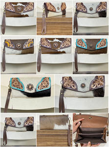 Portefeuille long en cuir véritable de vachette de haute qualité pour femme, avec blocage RFID, porte-cartes et pochette à monnaie, fait main, orné d'un concho - Product Image 3