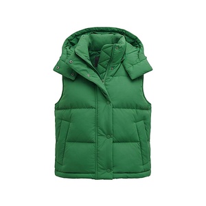 Hooded <b>Quilted</b> Vest Green Polyester Filling Winter Wear With Detachable Hood <b>Single</b> Button Closure - Product Image 1