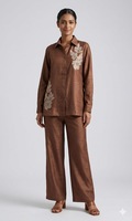 Ensemble chemise brodée marron et pantalon large pour femme, haut à col et manches longues, motif floral, élégant, décontracté, tenue de bureau, deux pièces