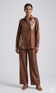 Ensemble chemise brodée marron et pantalon large pour femme, haut à col et manches longues, motif floral, élégant, décontracté, tenue de bureau, deux pièces - Product Image 6