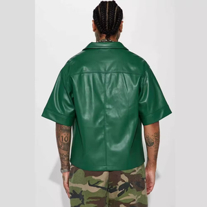 <b>Men</b>’s Faux Leather Shirt and Camo Shorts Set Cropped Oversized PU Shirt Streetwear Warmup Shorts Casual Outfit - Product Image 2