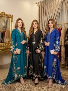 Vestido Abaya de Seda Bordado con Cuello en V y Estampado Floral para Mujer, Elegante, Holgado, para Otoño - Product Image 1