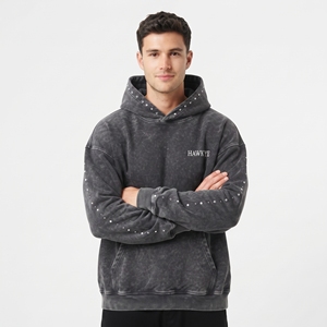 Sudadera con capucha extragrande personalizada para hombre, de algodón lavado al ácido, gruesa, con capucha con pedrería personalizada y bolsillo canguro, logotipo bordado personalizado - Product Image 6