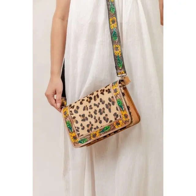 Leopard Print Leather Sling Bag Hand Tooled Handbag Women Leather Purse Cow Girls Bags Purse