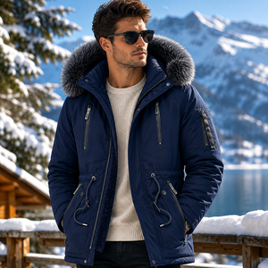 Winter Solid Color Hooded Men's Fleece <b>Jacket</b> Plain Dyed Long Stand Collar Polyester/Cotton Thick Slim Fit Winter Men Parka - Product Image 6