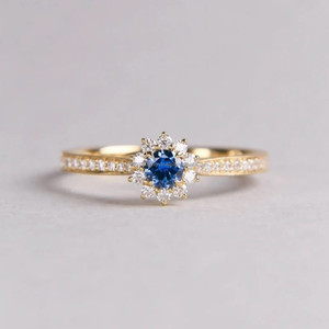 Blue Round Moissanite Halo Engagement <b>Ring</b> in 14K Gold Plated <b>925</b> Sterling <b>Silver</b> with IGI Certification Vintage Style for Women - Product Image 1