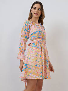 Vestido midi formal acampanado con estampado floral y cuello redondo para mujer, con mangas abullonadas y dobladillo suelto, lavable. - Product Image 3