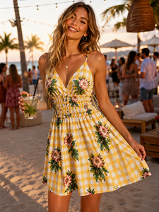 Robe légère à bretelles fines pour femme, imprimé floral à carreaux, avec ceinture, jupe trapèze, pour l'automne et l'hiver, tenue décontractée ou de plage - Product Image 4