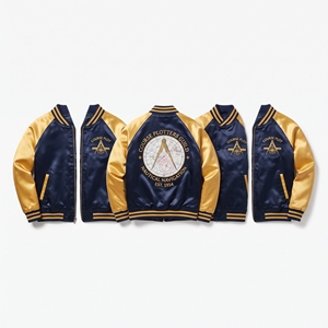 Factory Direct Navy Silver Satin Varsity Jacket Snap Button Custom Embroidered Azimuth Navigation Collective Baseball <b>Coat</b> - Product Image 2