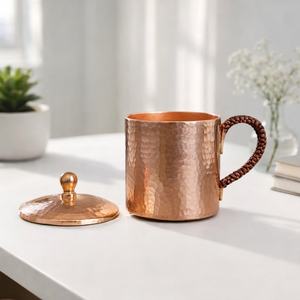 Mug en cuivre pur martelé fait main, écologique, anti-fuite, réutilisable, 400 ml, avec couvercle, pour eau, jus, bière, cadeau, usage domestique ou bar - Product Image 1
