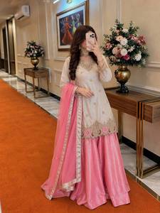 <b>Women</b> Sequence & Zari Embroidery Work With Handwork Latkan Lace Cream Silk <b>Kurta</b> Pink Palazzo With Organza Lace Border Dupatta - Product Image 1