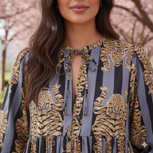 Tiger Print Cotton Floor Length A LINE Dress V Neck <b>Three</b> Quarter Puff Sleeves Women's Daily Wear Embroidery Detail - Product Image 6