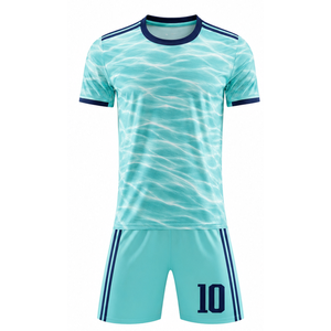 Uniforme de Fútbol Personalizado OEM con Diseño de Olas Oceánicas, Vibrante Cian y Azul Marino, Sublimado - Product Image 1