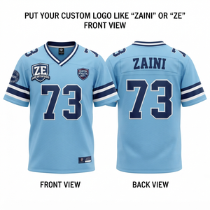 Maillot de football américain pour hommes en polyester premium, maille 220 grammes, bleu clair, blanc, rayures marine, impression numérique personnalisée, respirant - Product Image 1