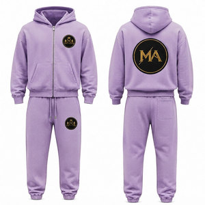 Conjunto Deportivo con Capucha Color Lavanda, 100% Algodón, Cierre Frontal con Cremallera, Bolsillo, Apliques Bordados, 480 Gsm - Product Image 1