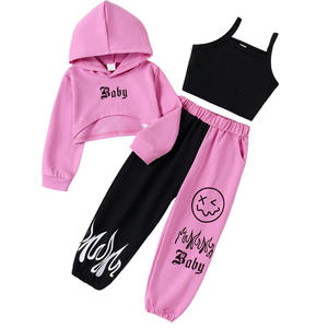 Women's Hooded Crop Top Tracksuit <b>Set</b> With Black Tank Top And <b>Matching</b> <b>Joggers</b> Casual Autumn Wear Full Sleeve - Product Image 2