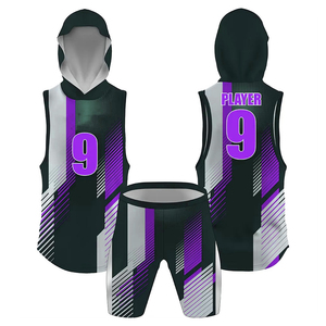 Ensemble short et débardeur à capuche personnalisé, sublimé, bleu marine, rouge et blanc, à rayures géométriques, uniforme de basketball 7v7, joueur 9, service OEM - Product Image 5