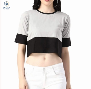 Index Apparel Women's Crop <b>Top</b> Short Sleeve O-Neck Color Blocked Casual T-Shirt Spring Summer Wear - Product Image 1