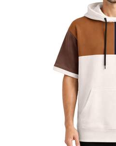 Camiseta con Capucha Personalizada para Hombre, Manga Corta, Bloques de Color Blanco, Azul Marino y Marrón, Sudadera Informal con Bolsillo, Algodón Suave - Product Image 3