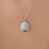 Collar de Ágata Azul con Encaje, Latón Chapado en Oro de 14K, Colgante Ovalado de Gema Natural, Joyería Elegante, Regalo - Product Image 6