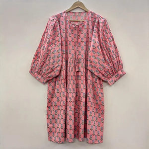 Vestido Casual Midi de Algodón Tejido Liso para Mujer con Mangas Abullonadas, Cintura Imperio, Estilo Babydoll, Cuello en V Oversize, Ajuste Holgado, Estilo Rajasthan - Product Image 1