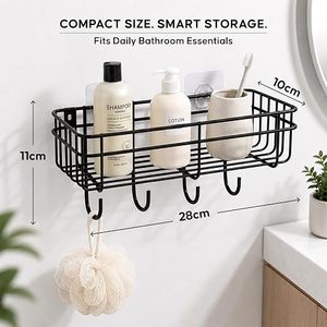 Double Tier Metal Wall Mounted Storage Basket With <b>Hooks</b> Self <b>Adhesive</b> Bathroom Organizer Minimalist Design - Product Image 6