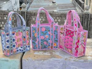 Small Bohemian Cotton Tote Bags Floral Striped Patterns Two Handles Open Top for Shopping All Seasons Rajasthan Jaif Textiles - Product Image 3