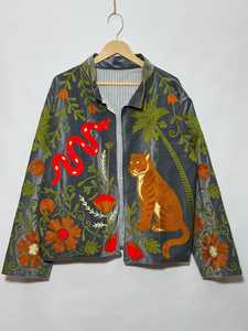 Bohemian Love Tropical Statement Tiger Snake Gray Suzani Floral Boho <b>Coat</b> Hand Embroidered Suzani <b>Velvet</b> Jacket Winter Cardigan - Product Image 2