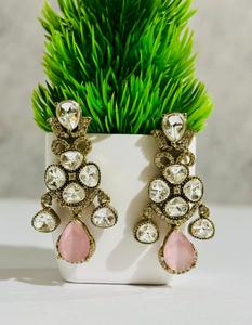 Luxury Pink <b>Cat</b> Eye Pan Shape Stone & Crystal Statement Drop <b>Earrings</b> Gold Plated Bridal Wedding Party <b>Earrings</b> for Women - Product Image 1